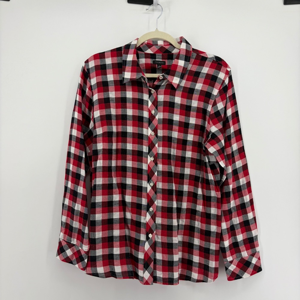 Talbots Womens Large Red Plaid Button Down Shirt Metallic Shimmer Long Sleeve